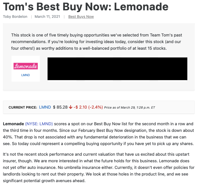 A screenshot of a Motley Fool “Best Buys Now” recommendation for the stock Lemonade. Additional stocks have been obscured.